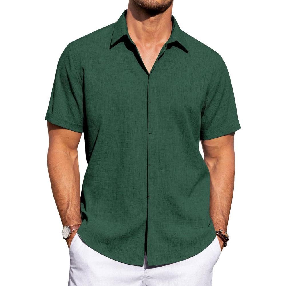 imageJVER Mens Linen Shirts Casual Short Sleeve Button Down Shirt Beach Vacation Cruise Summer Wedding Cotton TopsDark Green