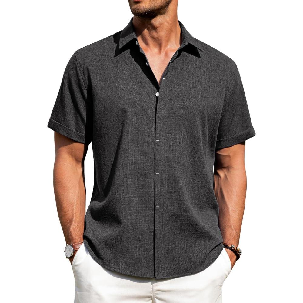 imageJVER Mens Linen Shirts Casual Short Sleeve Button Down Shirt Beach Vacation Cruise Summer Wedding Cotton TopsDark Grey
