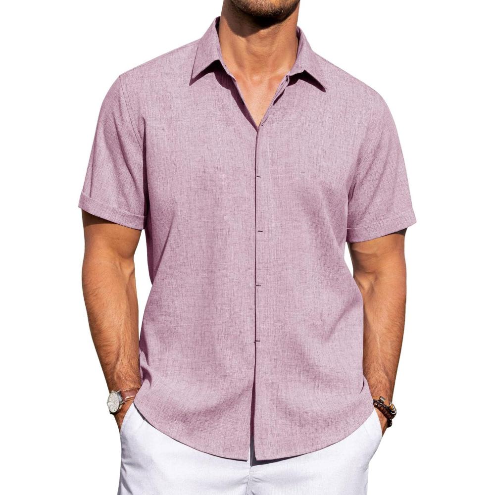 imageJVER Mens Linen Shirts Casual Short Sleeve Button Down Shirt Beach Vacation Cruise Summer Wedding Cotton TopsDark Purple