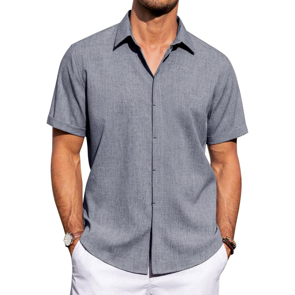imageJVER Mens Linen Shirts Casual Short Sleeve Button Down Shirt Beach Vacation Cruise Summer Wedding Cotton TopsDenim Blue
