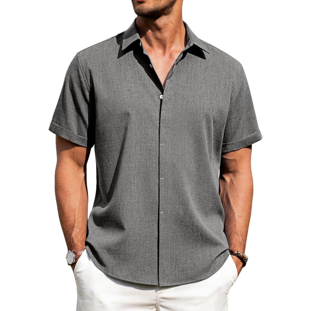 imageJVER Mens Linen Shirts Casual Short Sleeve Button Down Shirt Beach Vacation Cruise Summer Wedding Cotton TopsGrey