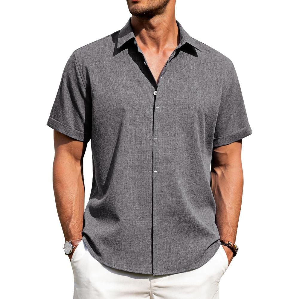 imageJVER Mens Linen Shirts Casual Short Sleeve Button Down Shirt Beach Vacation Cruise Summer Wedding Cotton TopsGrey Blue
