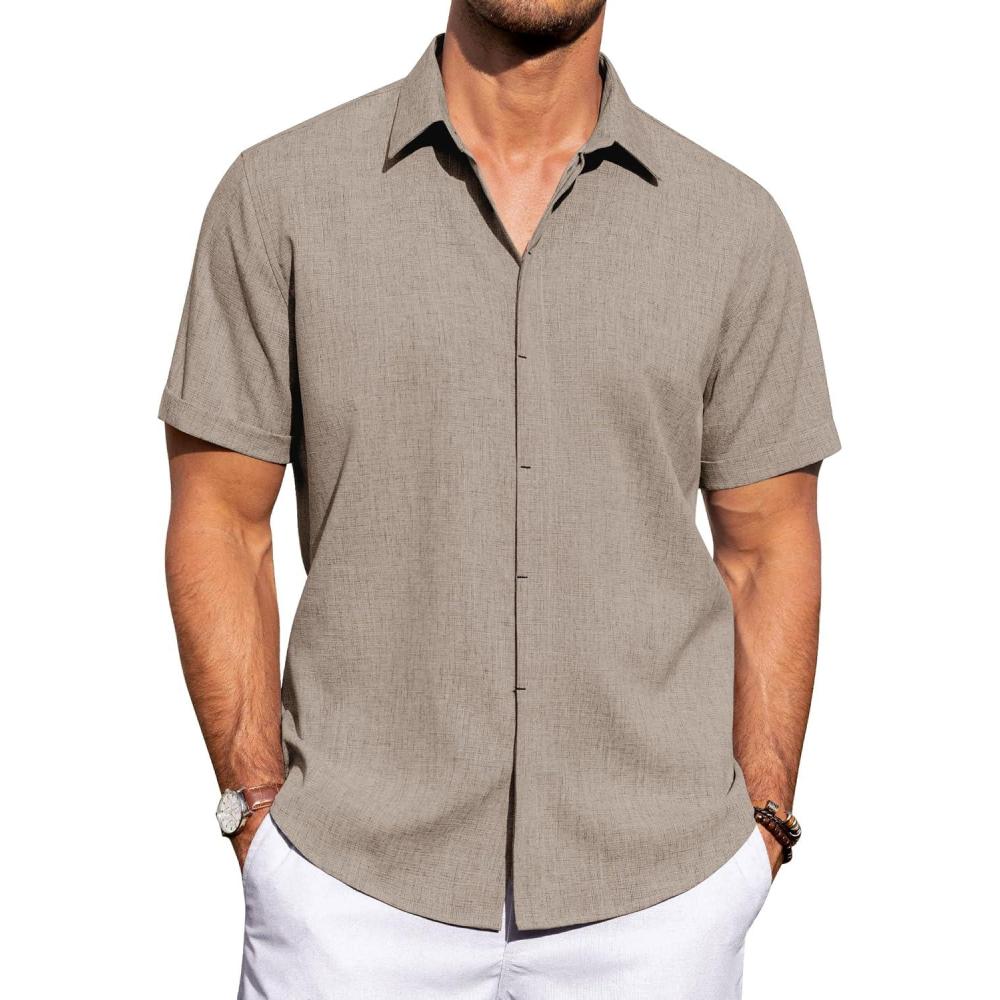 imageJVER Mens Linen Shirts Casual Short Sleeve Button Down Shirt Beach Vacation Cruise Summer Wedding Cotton TopsKhaki