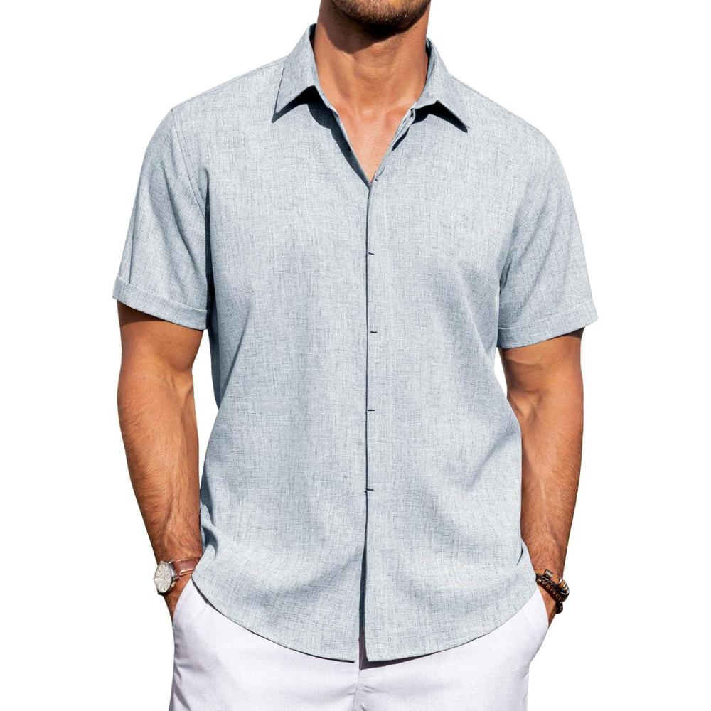 imageJVER Mens Linen Shirts Casual Short Sleeve Button Down Shirt Beach Vacation Cruise Summer Wedding Cotton TopsLight Blue