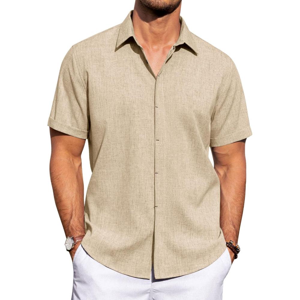 imageJVER Mens Linen Shirts Casual Short Sleeve Button Down Shirt Beach Vacation Cruise Summer Wedding Cotton TopsLight Khaki