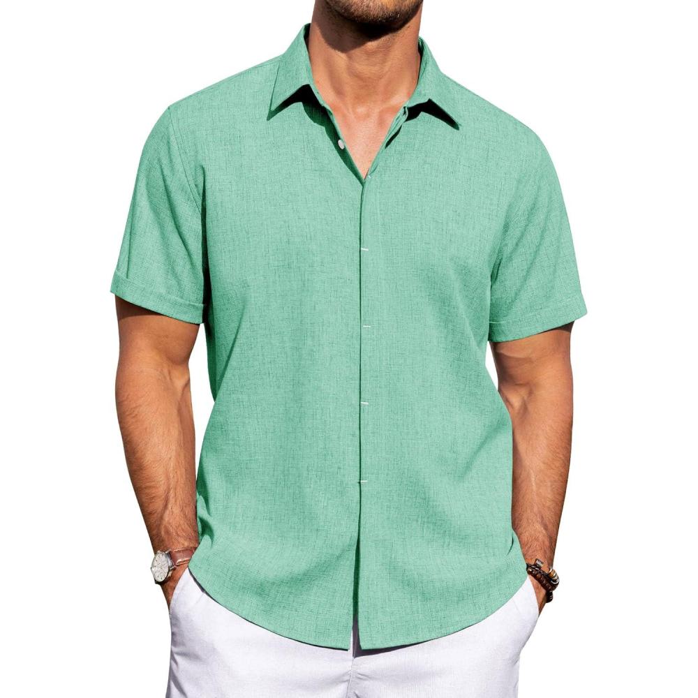 imageJVER Mens Linen Shirts Casual Short Sleeve Button Down Shirt Beach Vacation Cruise Summer Wedding Cotton TopsMint Green