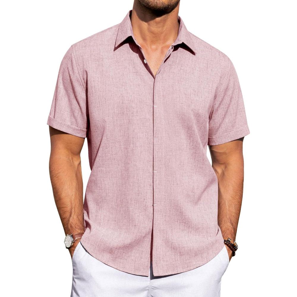imageJVER Mens Linen Shirts Casual Short Sleeve Button Down Shirt Beach Vacation Cruise Summer Wedding Cotton TopsPink
