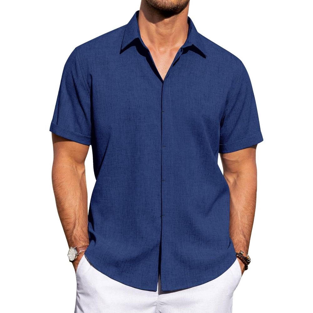 imageJVER Mens Linen Shirts Casual Short Sleeve Button Down Shirt Beach Vacation Cruise Summer Wedding Cotton TopsRoyal Blue