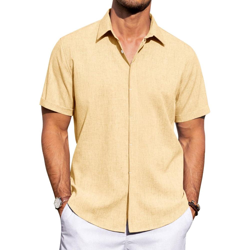 imageJVER Mens Linen Shirts Casual Short Sleeve Button Down Shirt Beach Vacation Cruise Summer Wedding Cotton TopsYellow