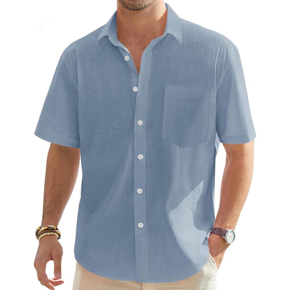 imageJVER Mens Linen Short Sleeve Shirts Cotton Casual Lightweight Button Down Shirt Beach Vacation Summer Tops with PocketAiry Blue