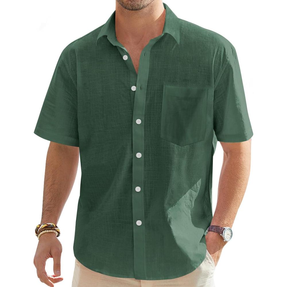 imageJVER Mens Linen Short Sleeve Shirts Cotton Casual Lightweight Button Down Shirt Beach Vacation Summer Tops with PocketArmy Green