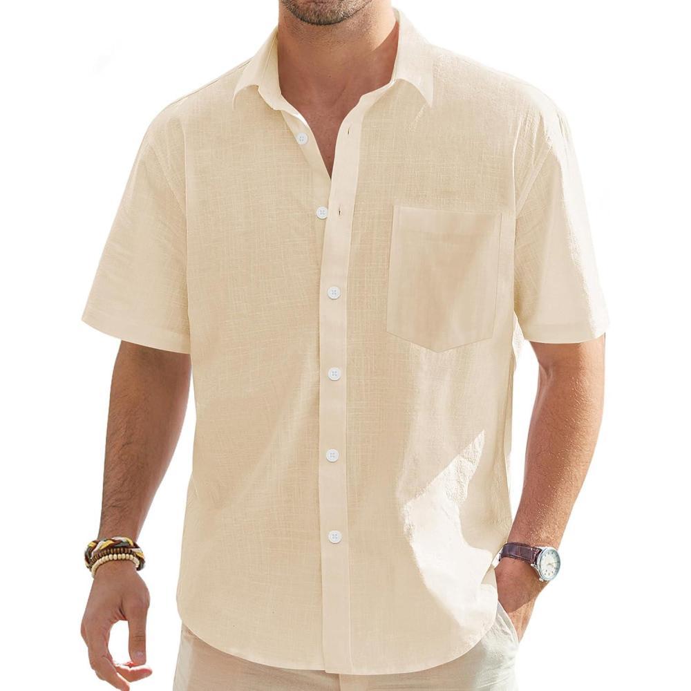 imageJVER Mens Linen Short Sleeve Shirts Cotton Casual Lightweight Button Down Shirt Beach Vacation Summer Tops with PocketBeige