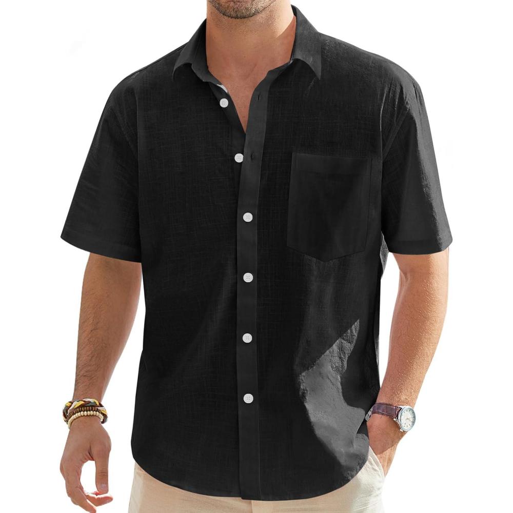 imageJVER Mens Linen Short Sleeve Shirts Cotton Casual Lightweight Button Down Shirt Beach Vacation Summer Tops with PocketBlack