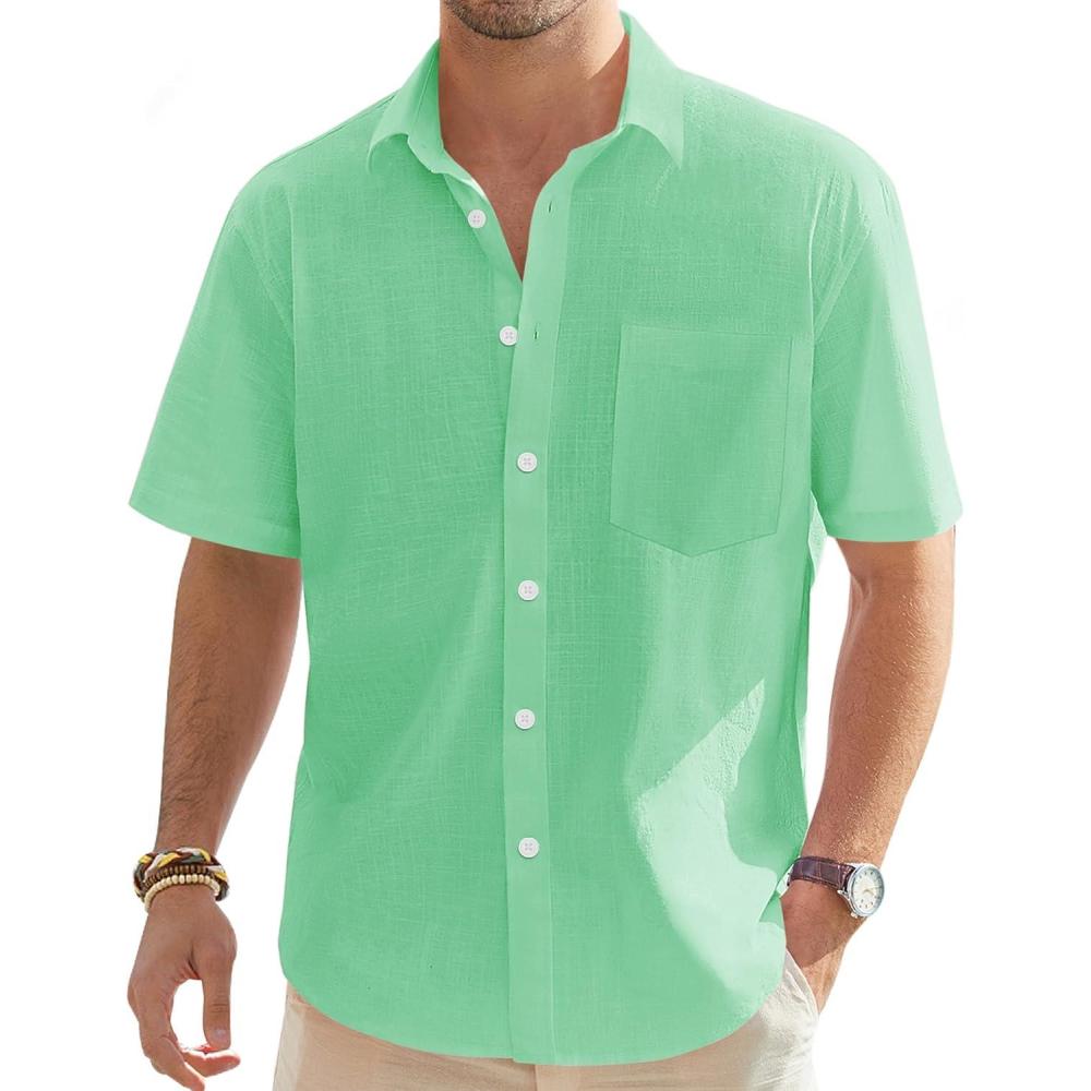 imageJVER Mens Linen Short Sleeve Shirts Cotton Casual Lightweight Button Down Shirt Beach Vacation Summer Tops with PocketBright Green