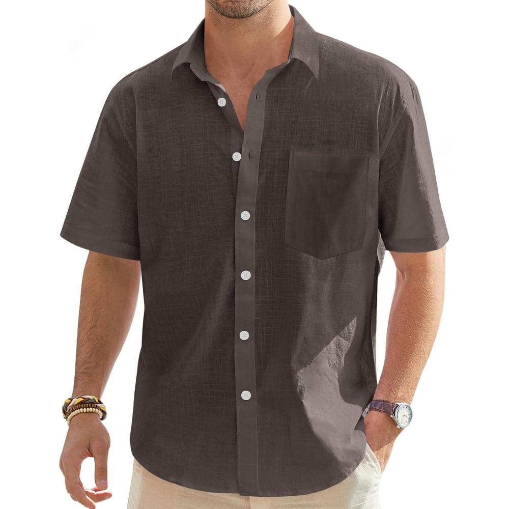 imageJVER Mens Linen Short Sleeve Shirts Cotton Casual Lightweight Button Down Shirt Beach Vacation Summer Tops with PocketCoffee