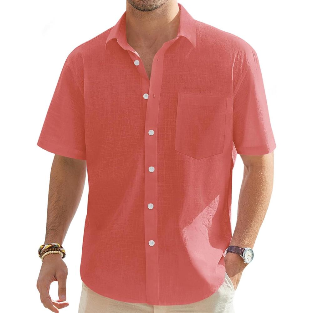 imageJVER Mens Linen Short Sleeve Shirts Cotton Casual Lightweight Button Down Shirt Beach Vacation Summer Tops with PocketCoral