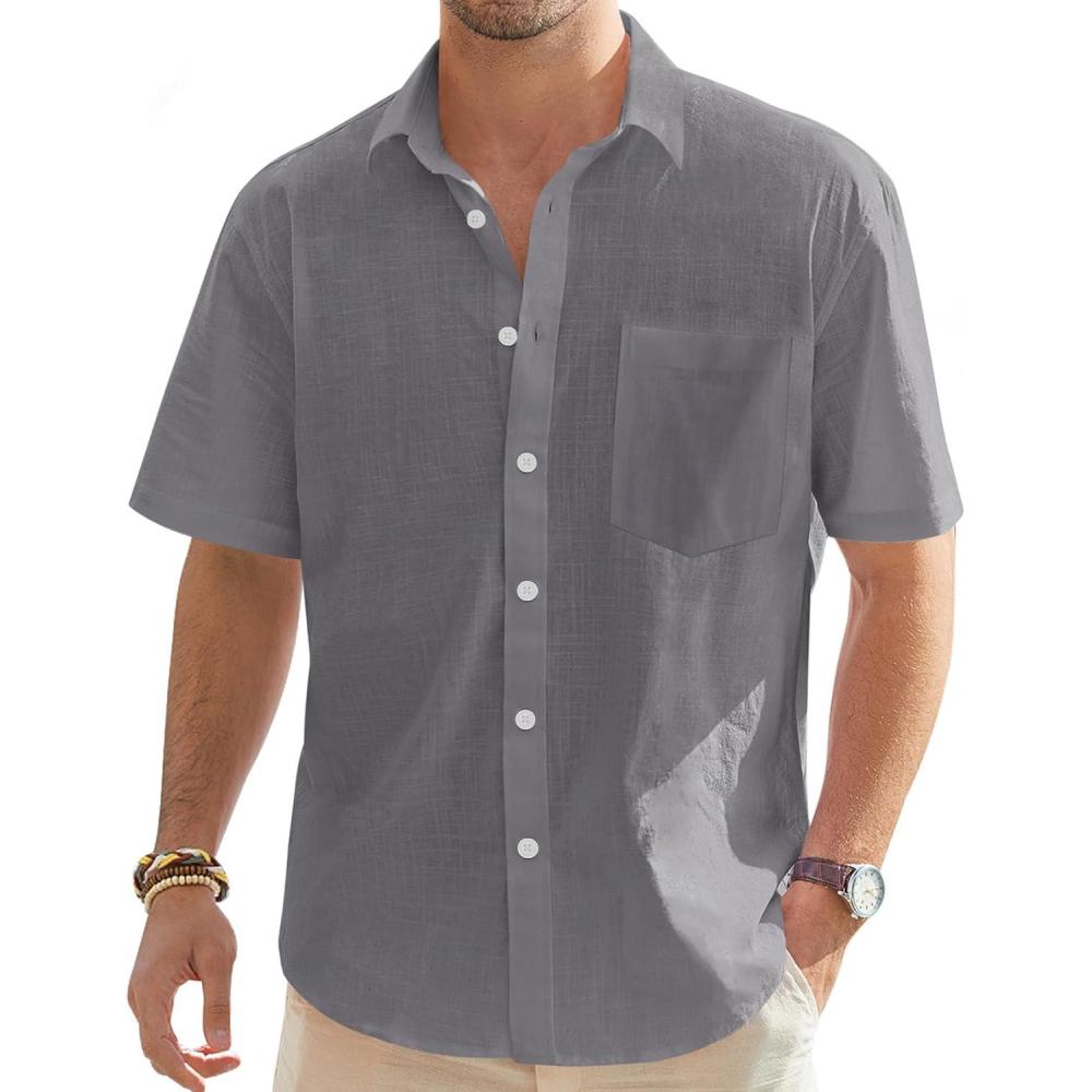 imageJVER Mens Linen Short Sleeve Shirts Cotton Casual Lightweight Button Down Shirt Beach Vacation Summer Tops with PocketDark Grey