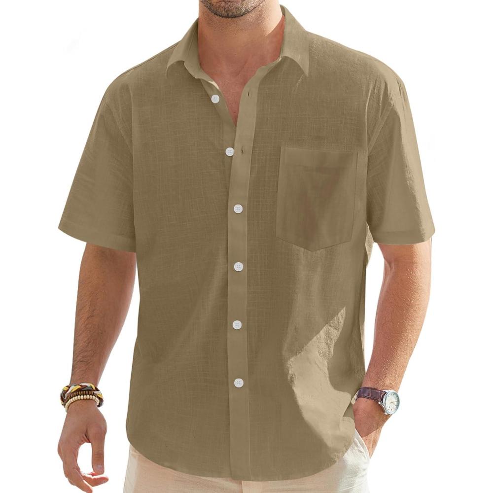 imageJVER Mens Linen Short Sleeve Shirts Cotton Casual Lightweight Button Down Shirt Beach Vacation Summer Tops with PocketDark Khaki