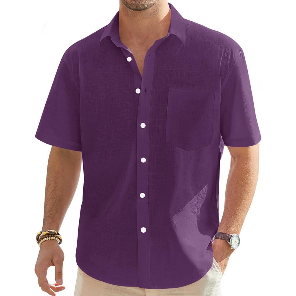 imageJVER Mens Linen Short Sleeve Shirts Cotton Casual Lightweight Button Down Shirt Beach Vacation Summer Tops with PocketDark Purple