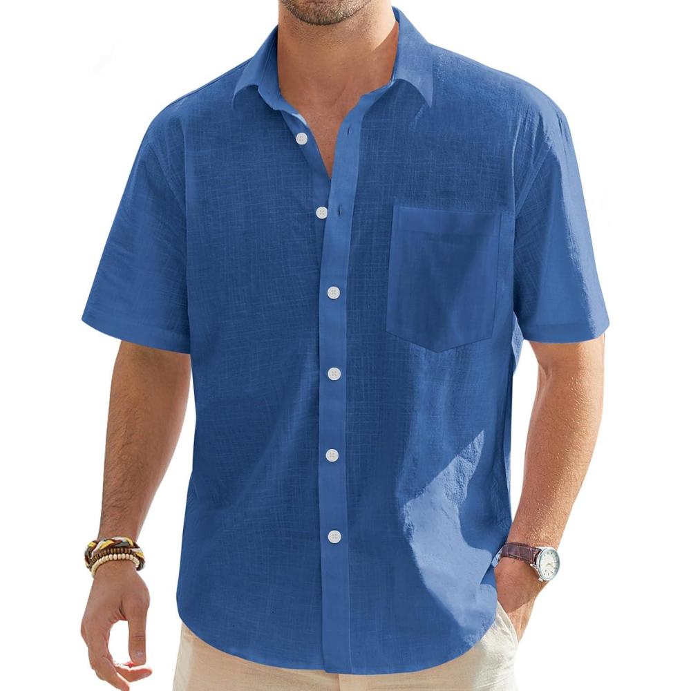 imageJVER Mens Linen Short Sleeve Shirts Cotton Casual Lightweight Button Down Shirt Beach Vacation Summer Tops with PocketDenim Blue