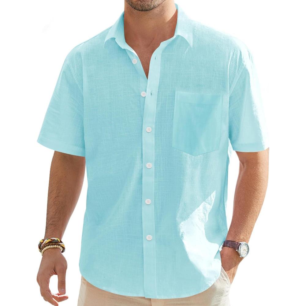 imageJVER Mens Linen Short Sleeve Shirts Cotton Casual Lightweight Button Down Shirt Beach Vacation Summer Tops with PocketFluorescent Blue