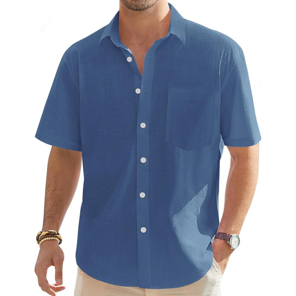 imageJVER Mens Linen Short Sleeve Shirts Cotton Casual Lightweight Button Down Shirt Beach Vacation Summer Tops with PocketGrey Blue