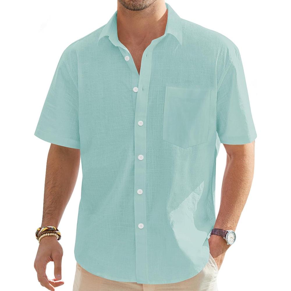 imageJVER Mens Linen Short Sleeve Shirts Cotton Casual Lightweight Button Down Shirt Beach Vacation Summer Tops with PocketGrey Green
