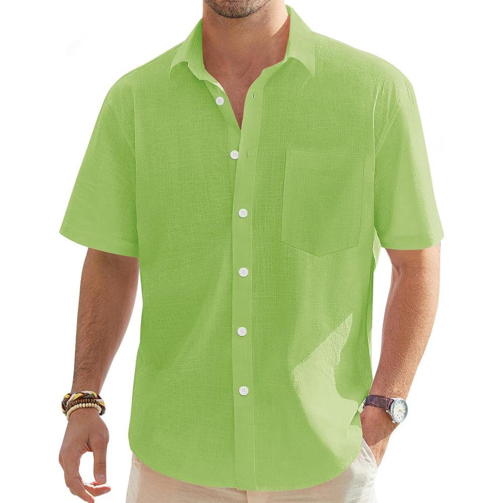 imageJVER Mens Linen Short Sleeve Shirts Cotton Casual Lightweight Button Down Shirt Beach Vacation Summer Tops with PocketLawn Green