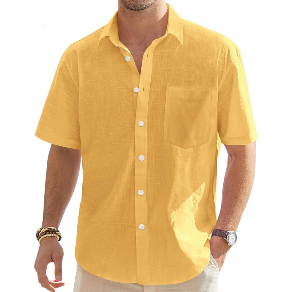 imageJVER Mens Linen Short Sleeve Shirts Cotton Casual Lightweight Button Down Shirt Beach Vacation Summer Tops with PocketLemon Yellow