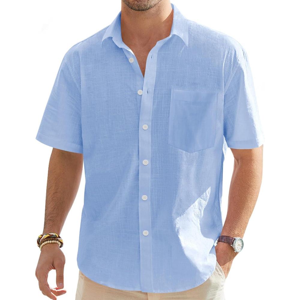 imageJVER Mens Linen Short Sleeve Shirts Cotton Casual Lightweight Button Down Shirt Beach Vacation Summer Tops with PocketLight Blue