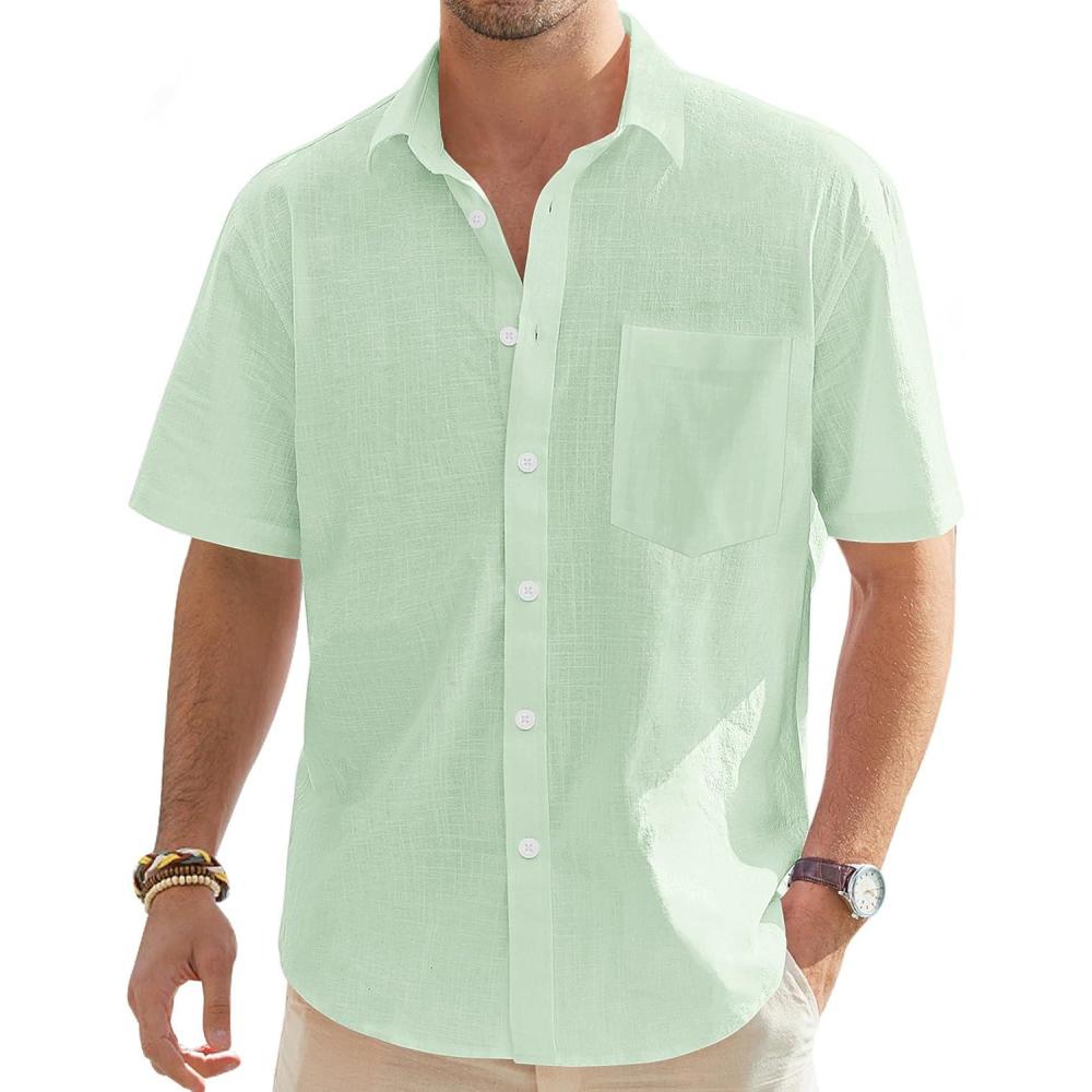 imageJVER Mens Linen Short Sleeve Shirts Cotton Casual Lightweight Button Down Shirt Beach Vacation Summer Tops with PocketLight Green