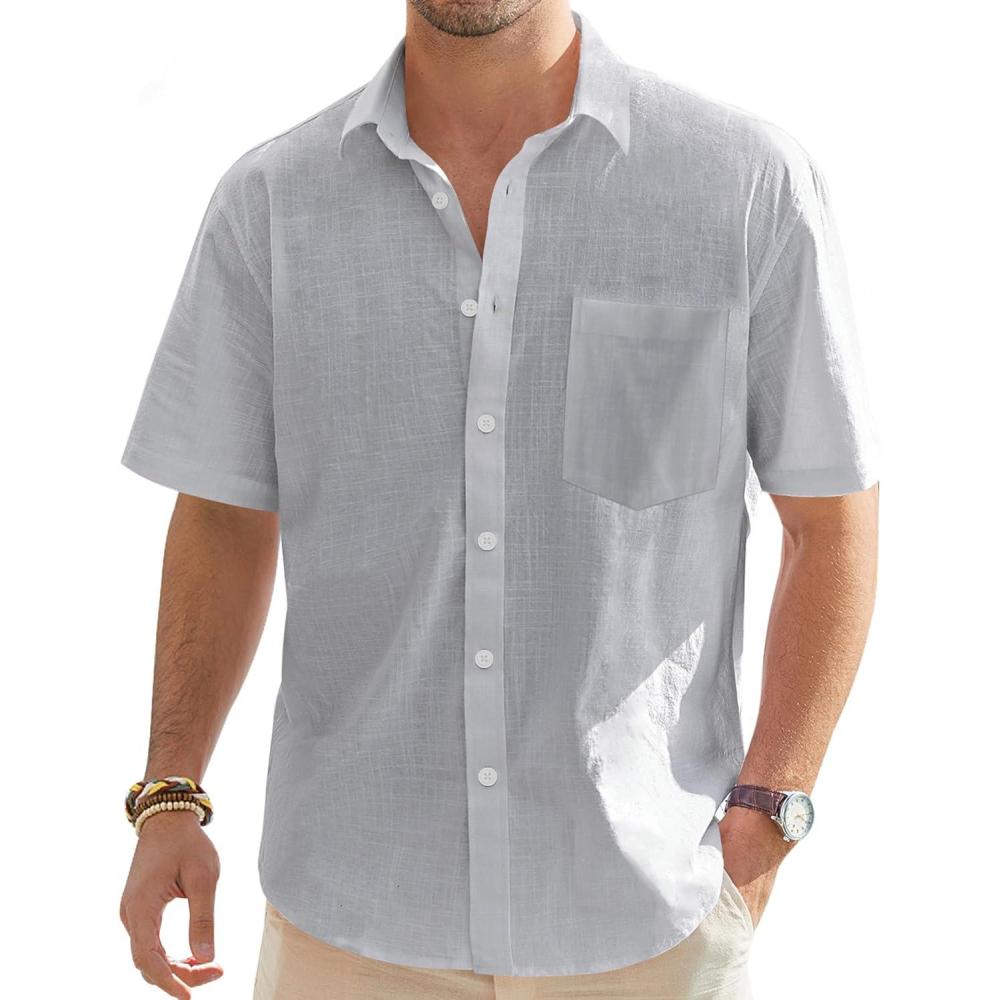 imageJVER Mens Linen Short Sleeve Shirts Cotton Casual Lightweight Button Down Shirt Beach Vacation Summer Tops with PocketLight Grey