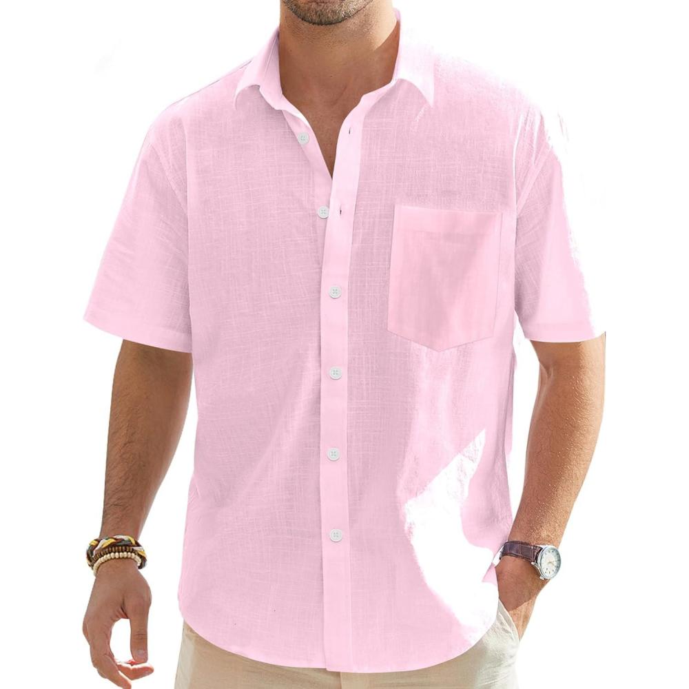imageJVER Mens Linen Short Sleeve Shirts Cotton Casual Lightweight Button Down Shirt Beach Vacation Summer Tops with PocketLight Pink