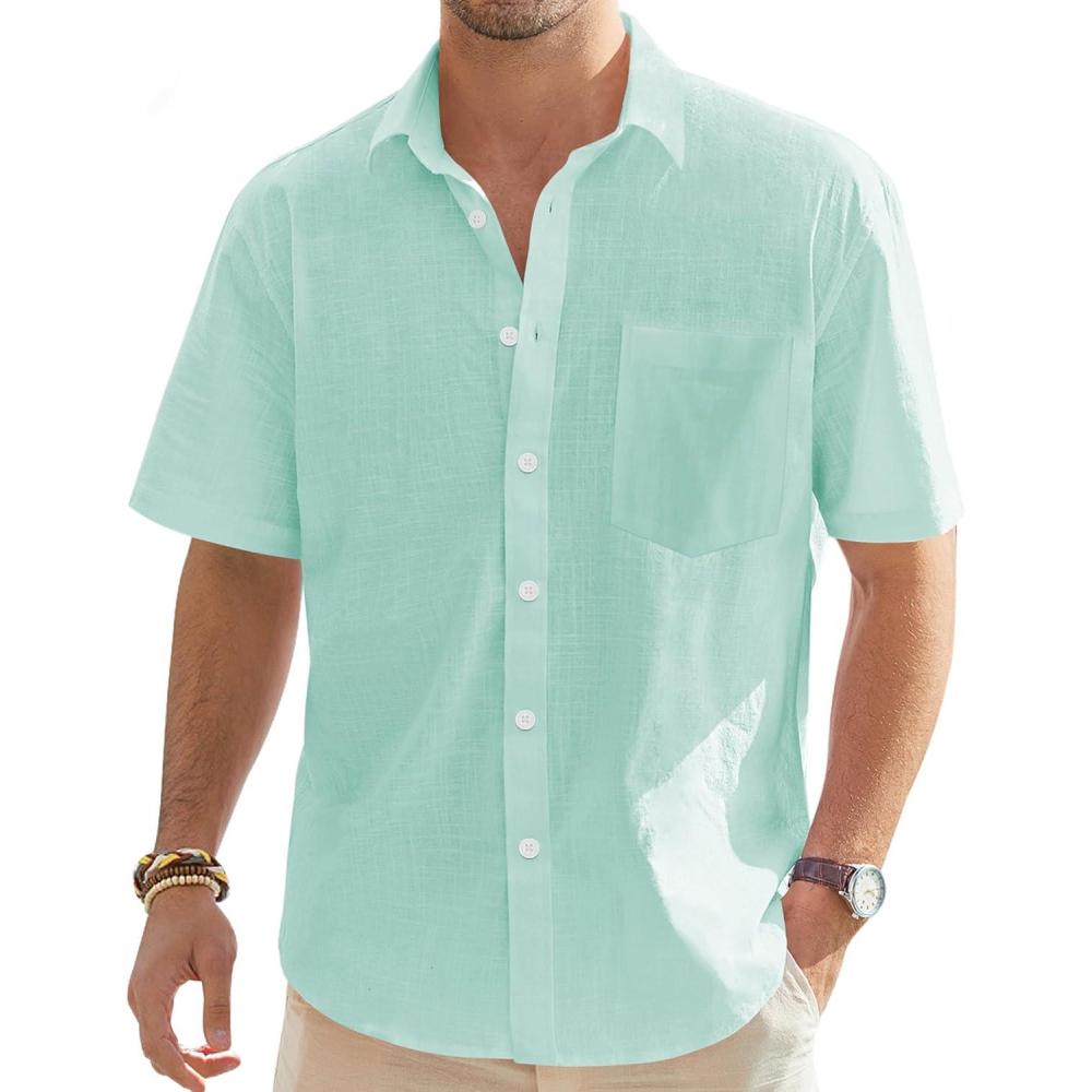 imageJVER Mens Linen Short Sleeve Shirts Cotton Casual Lightweight Button Down Shirt Beach Vacation Summer Tops with PocketMint Green
