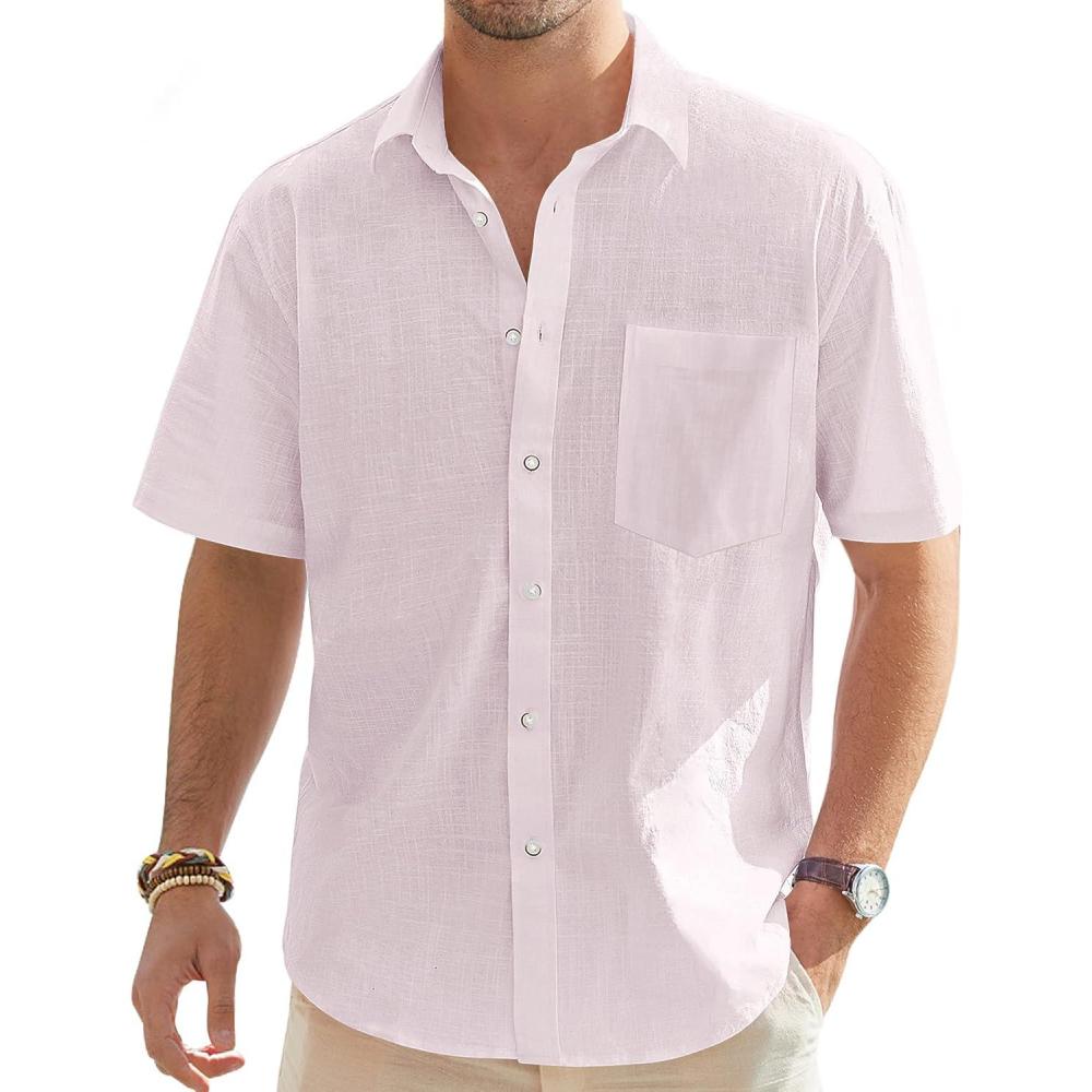 imageJVER Mens Linen Short Sleeve Shirts Cotton Casual Lightweight Button Down Shirt Beach Vacation Summer Tops with PocketPink