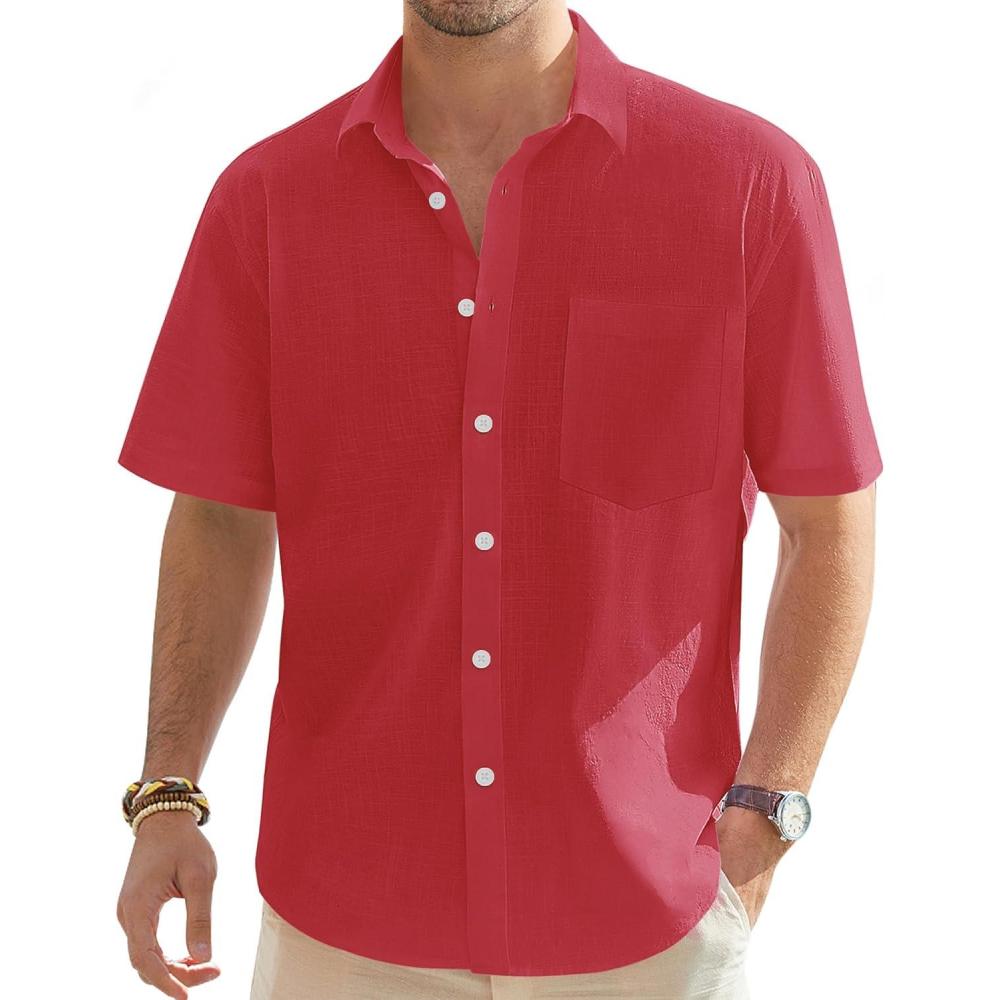 imageJVER Mens Linen Short Sleeve Shirts Cotton Casual Lightweight Button Down Shirt Beach Vacation Summer Tops with PocketRed
