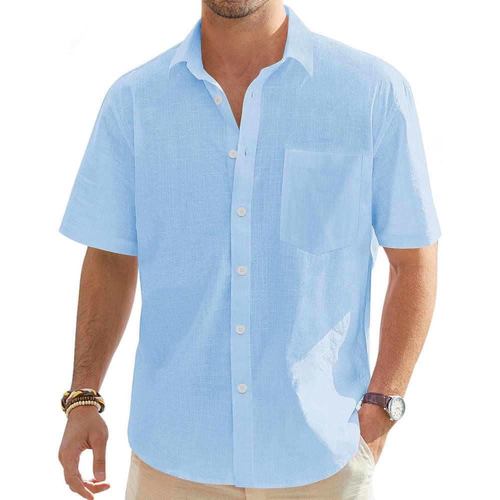 imageJVER Mens Linen Short Sleeve Shirts Cotton Casual Lightweight Button Down Shirt Beach Vacation Summer Tops with PocketSky Blue