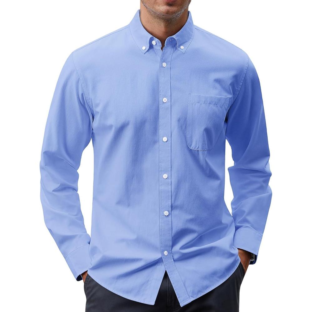 imageJVER Mens Oxford Shirt Solid Casual Button Down Collar Shirts Long Sleeve Dress Shirts with PocketBlue