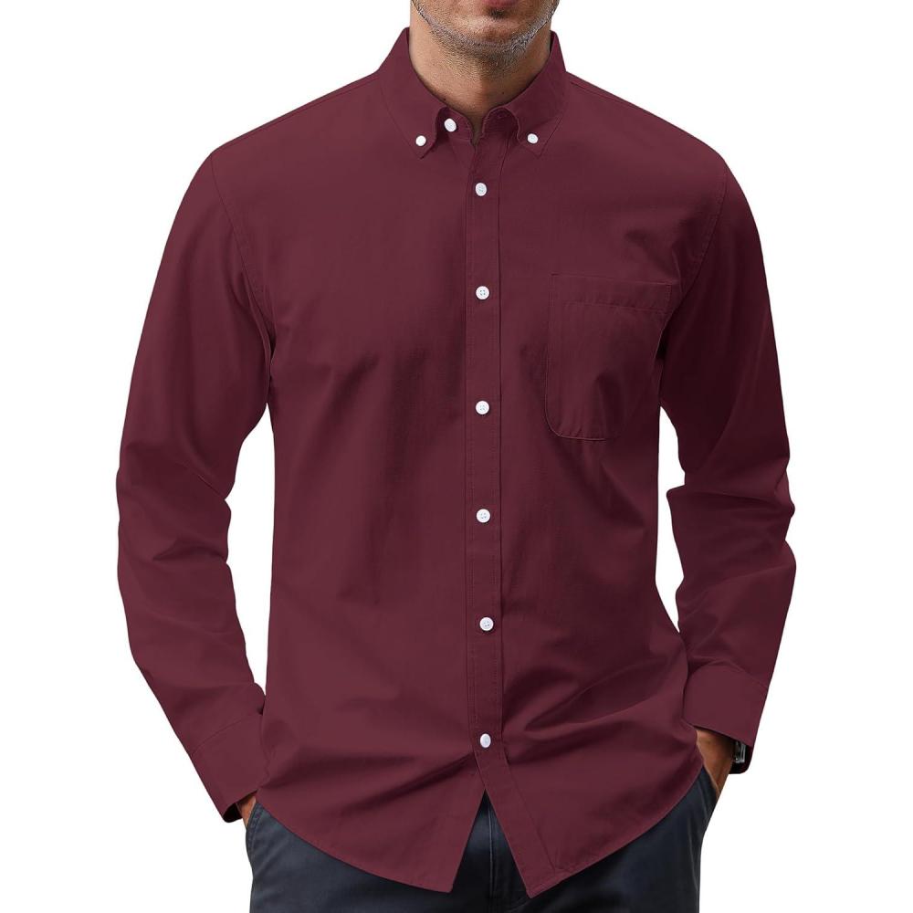 imageJVER Mens Oxford Shirt Solid Casual Button Down Collar Shirts Long Sleeve Dress Shirts with PocketBurgundy