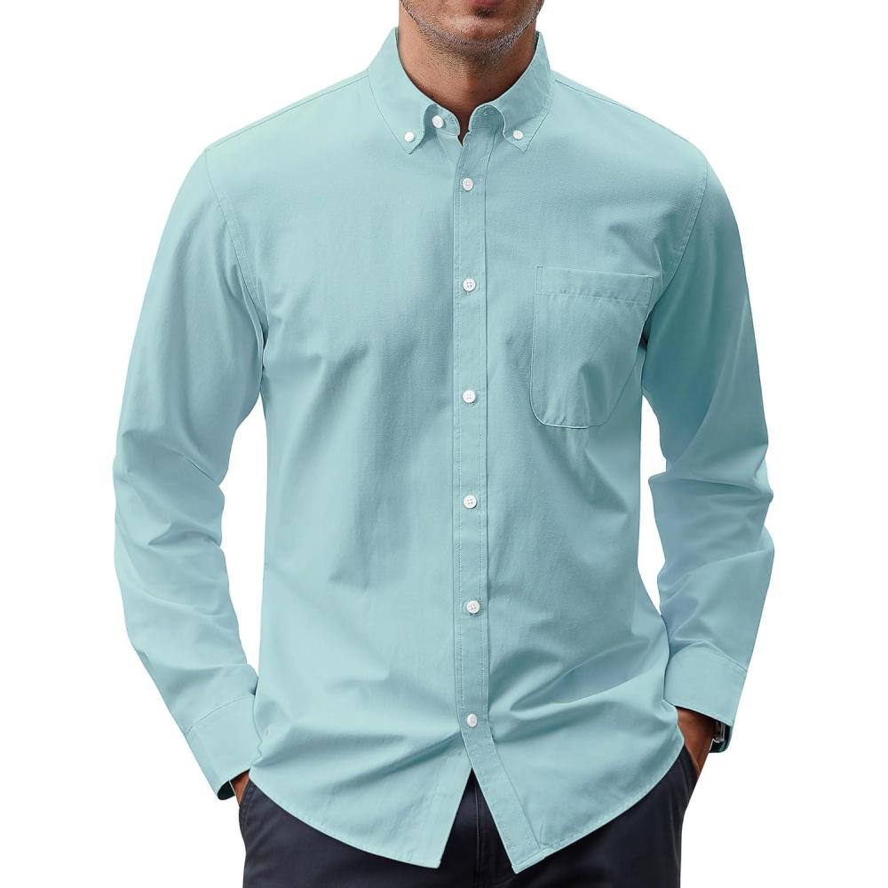 imageJVER Mens Oxford Shirt Solid Casual Button Down Collar Shirts Long Sleeve Dress Shirts with PocketDark Green