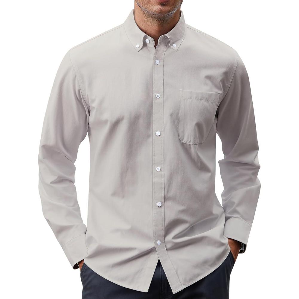 imageJVER Mens Oxford Shirt Solid Casual Button Down Collar Shirts Long Sleeve Dress Shirts with PocketGrey Khaki