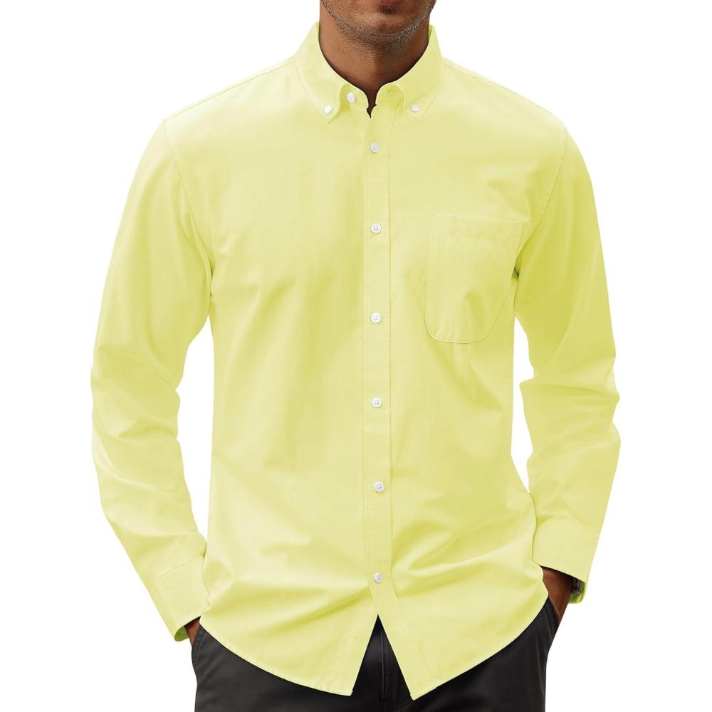 imageJVER Mens Oxford Shirt Solid Casual Button Down Collar Shirts Long Sleeve Dress Shirts with PocketLemon Yellow