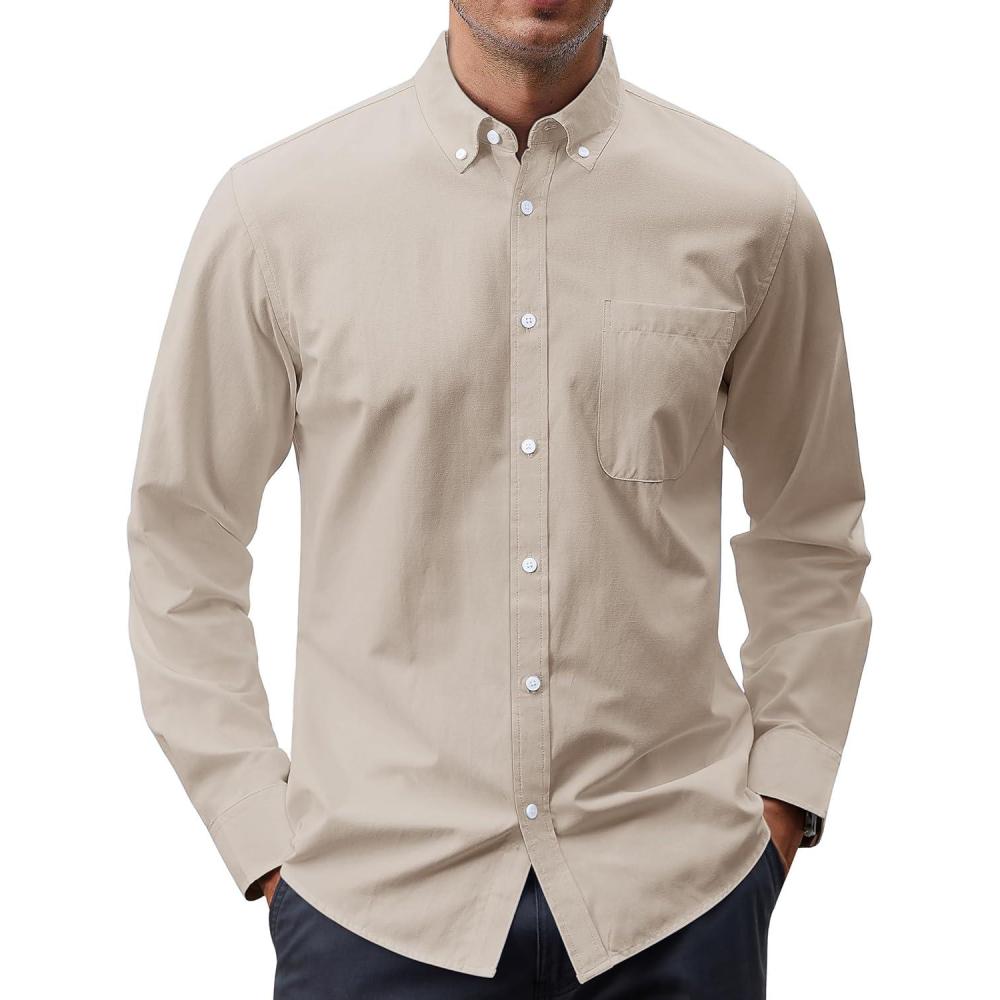 imageJVER Mens Oxford Shirt Solid Casual Button Down Collar Shirts Long Sleeve Dress Shirts with PocketLight Brown