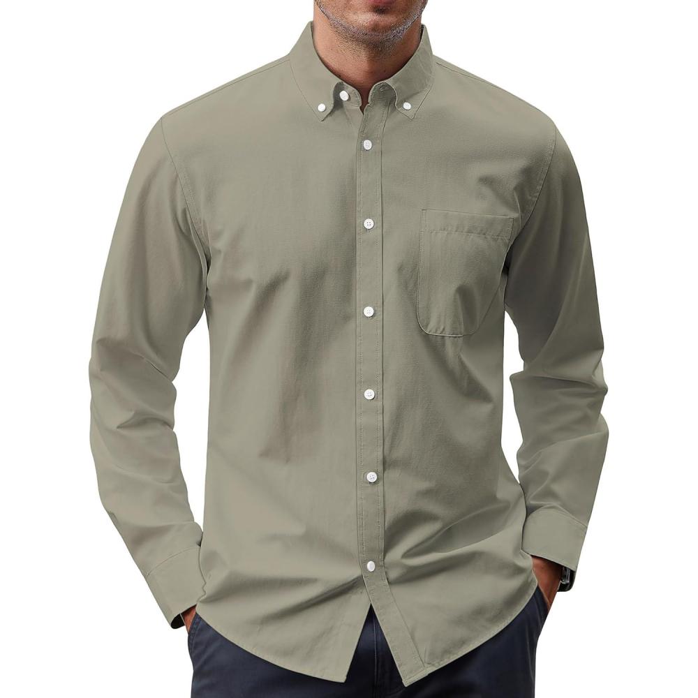 imageJVER Mens Oxford Shirt Solid Casual Button Down Collar Shirts Long Sleeve Dress Shirts with PocketLight Olive Green