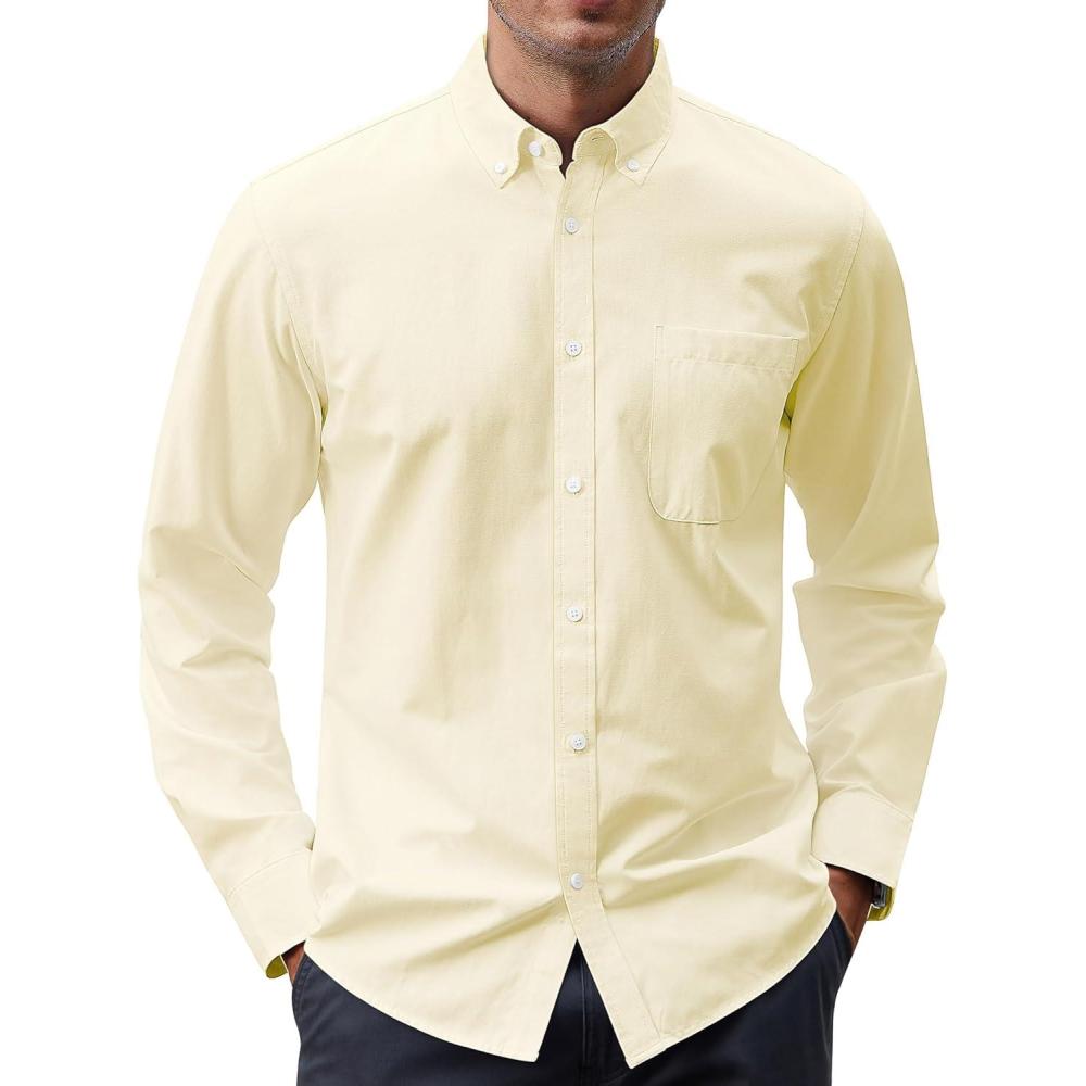 imageJVER Mens Oxford Shirt Solid Casual Button Down Collar Shirts Long Sleeve Dress Shirts with PocketLight Yellow