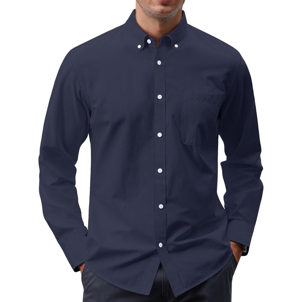 imageJVER Mens Oxford Shirt Solid Casual Button Down Collar Shirts Long Sleeve Dress Shirts with PocketNavy Blue