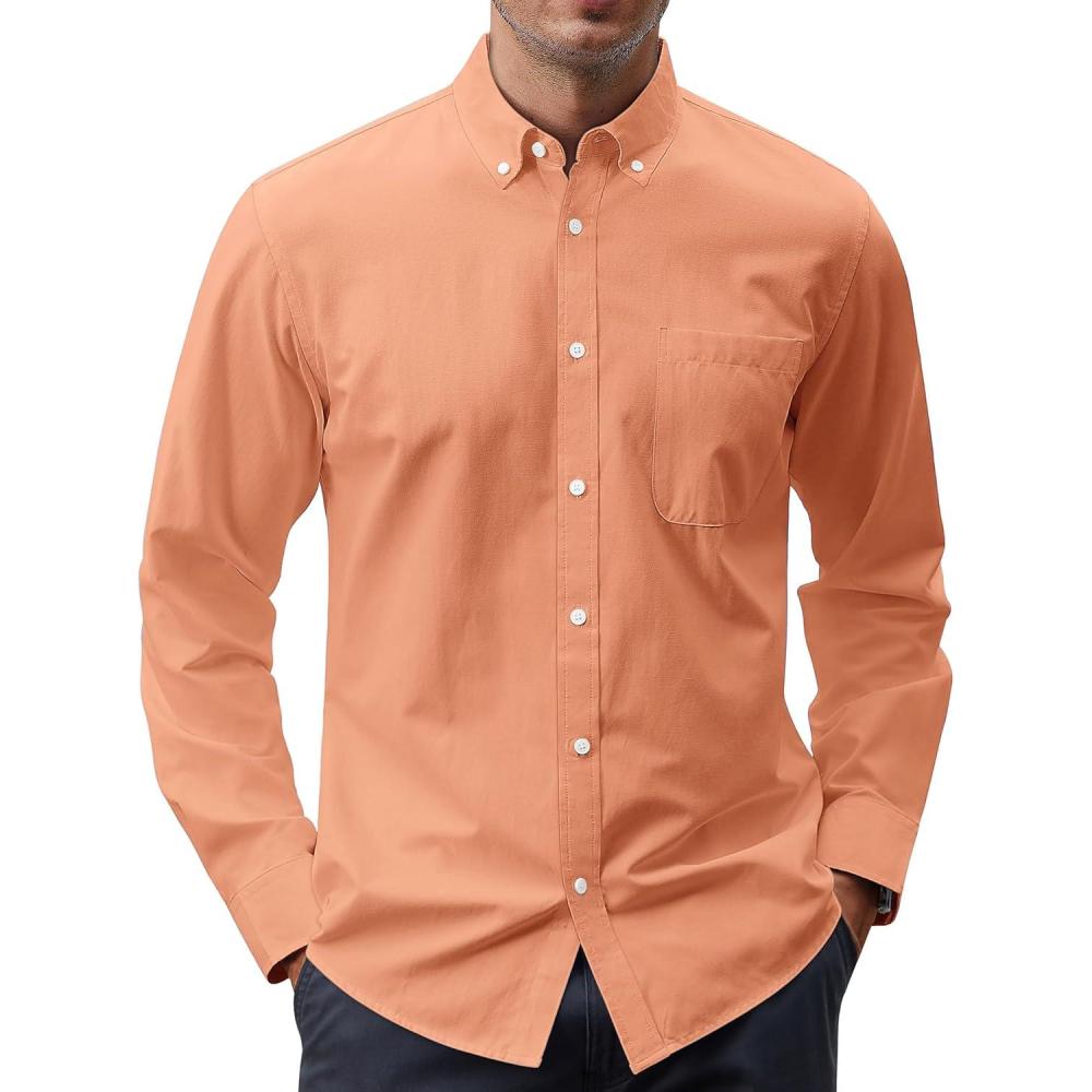 imageJVER Mens Oxford Shirt Solid Casual Button Down Collar Shirts Long Sleeve Dress Shirts with PocketOrange