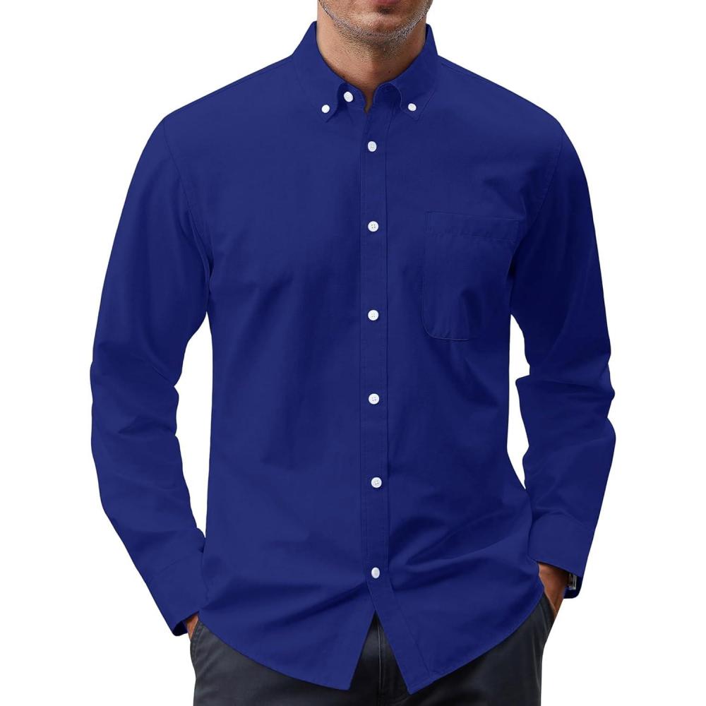 imageJVER Mens Oxford Shirt Solid Casual Button Down Collar Shirts Long Sleeve Dress Shirts with PocketRoyal Blue