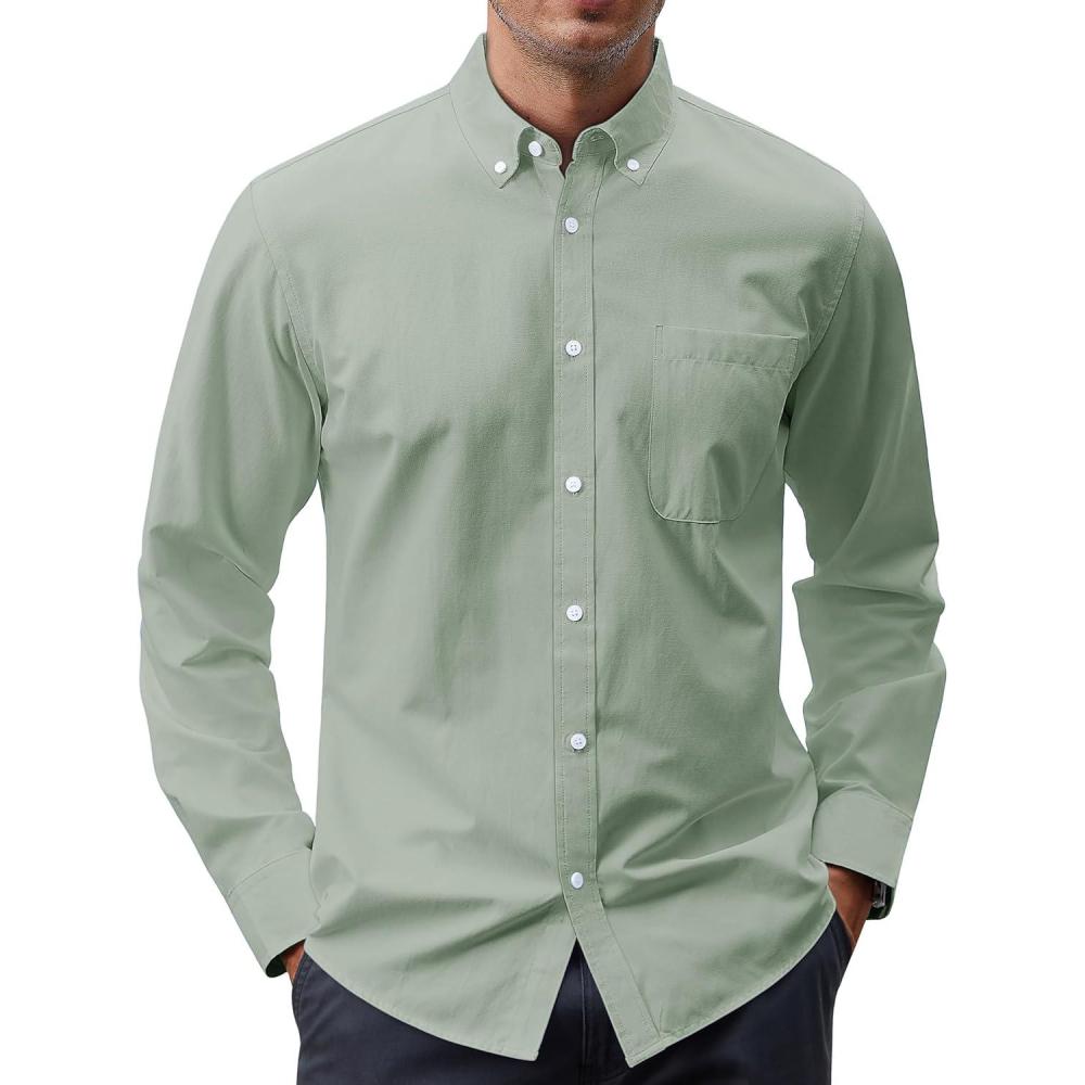 imageJVER Mens Oxford Shirt Solid Casual Button Down Collar Shirts Long Sleeve Dress Shirts with PocketSage Green