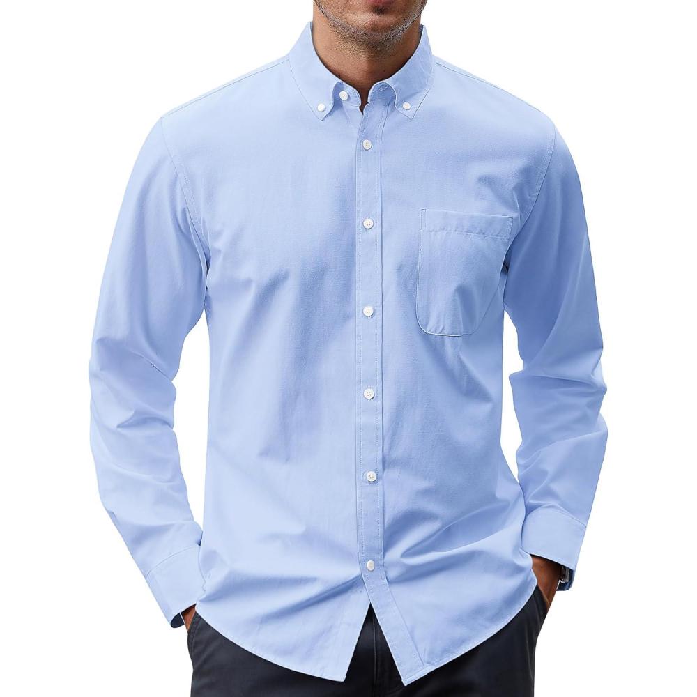 imageJVER Mens Oxford Shirt Solid Casual Button Down Collar Shirts Long Sleeve Dress Shirts with PocketSky Blue